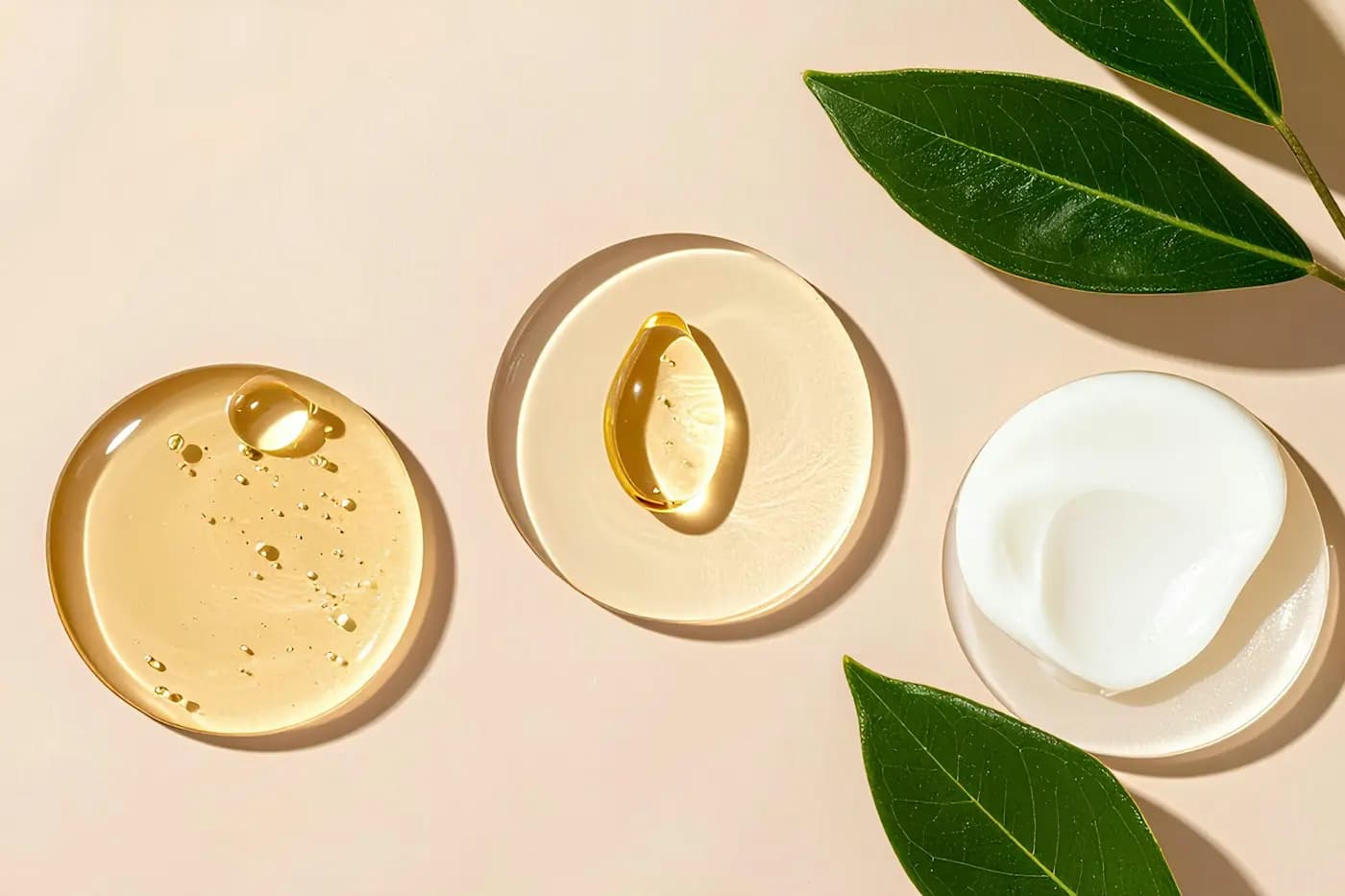 Textures de soins — huile, sérum et crème — posées sur un fond rose, entre deux feuilles
